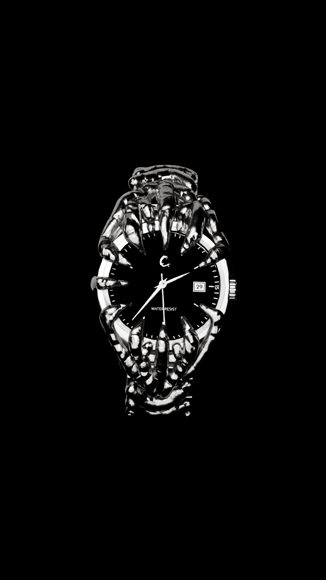 ABYSS Chrome Watch in full frontal view with skeletal chrome claws encasing the dial, blending bold design with functional elegance.