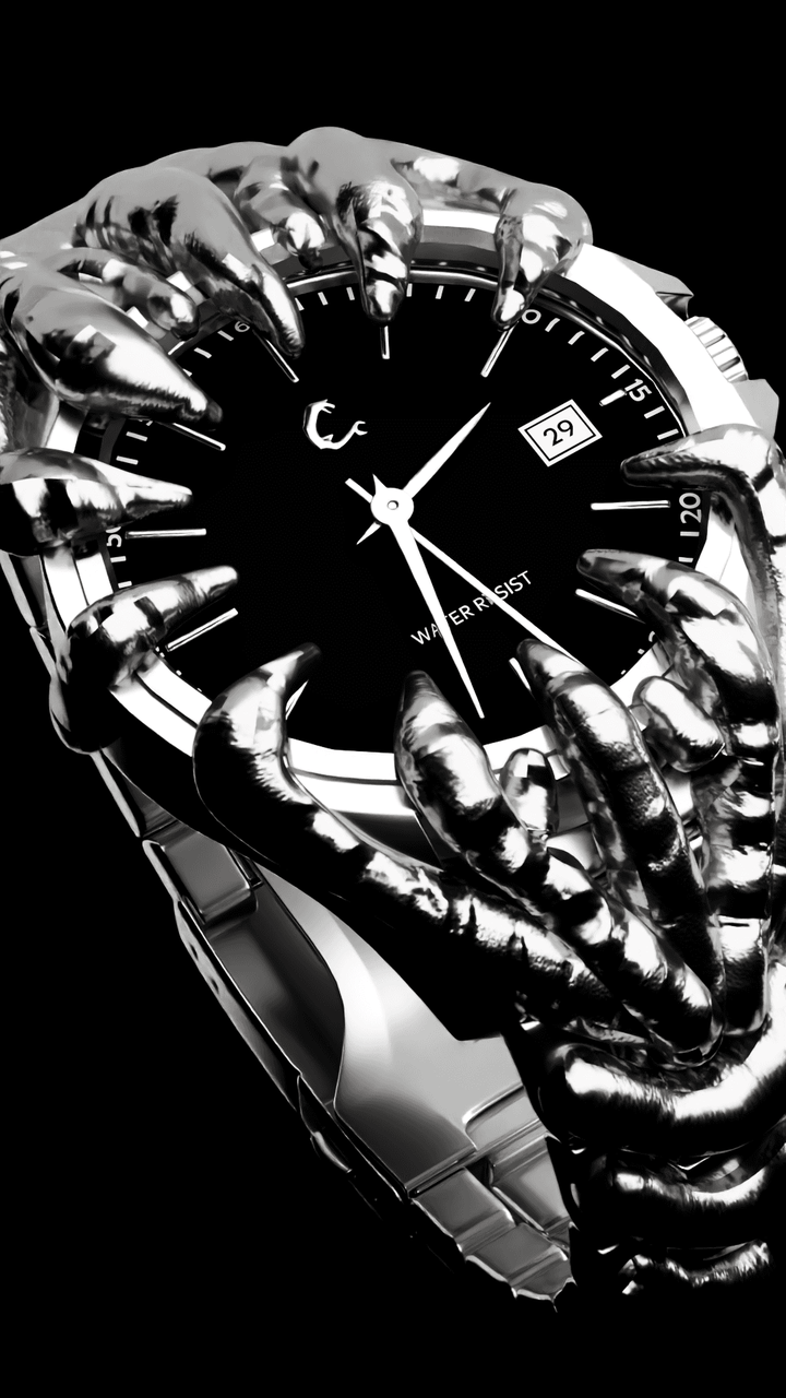 Close-up of ABYSS Chrome Watch with clawed chrome casing gripping the dial, showcasing intricate detail and Japan Quartz craftsmanship.