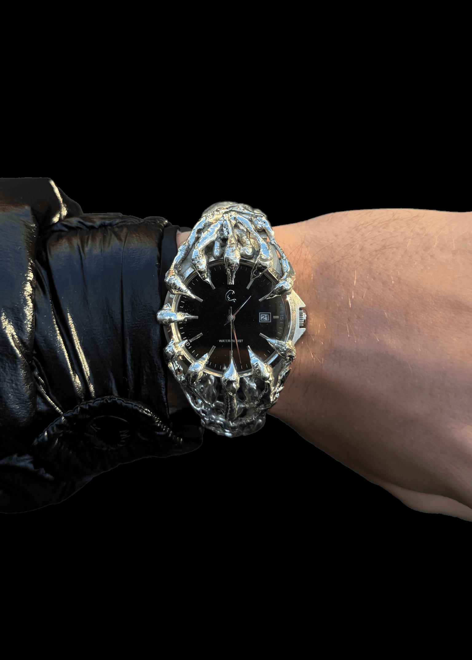 Front wrist view of ABYSS Chrome Watch, featuring aggressive skeletal chrome design and durable sapphire glass over a black dial.