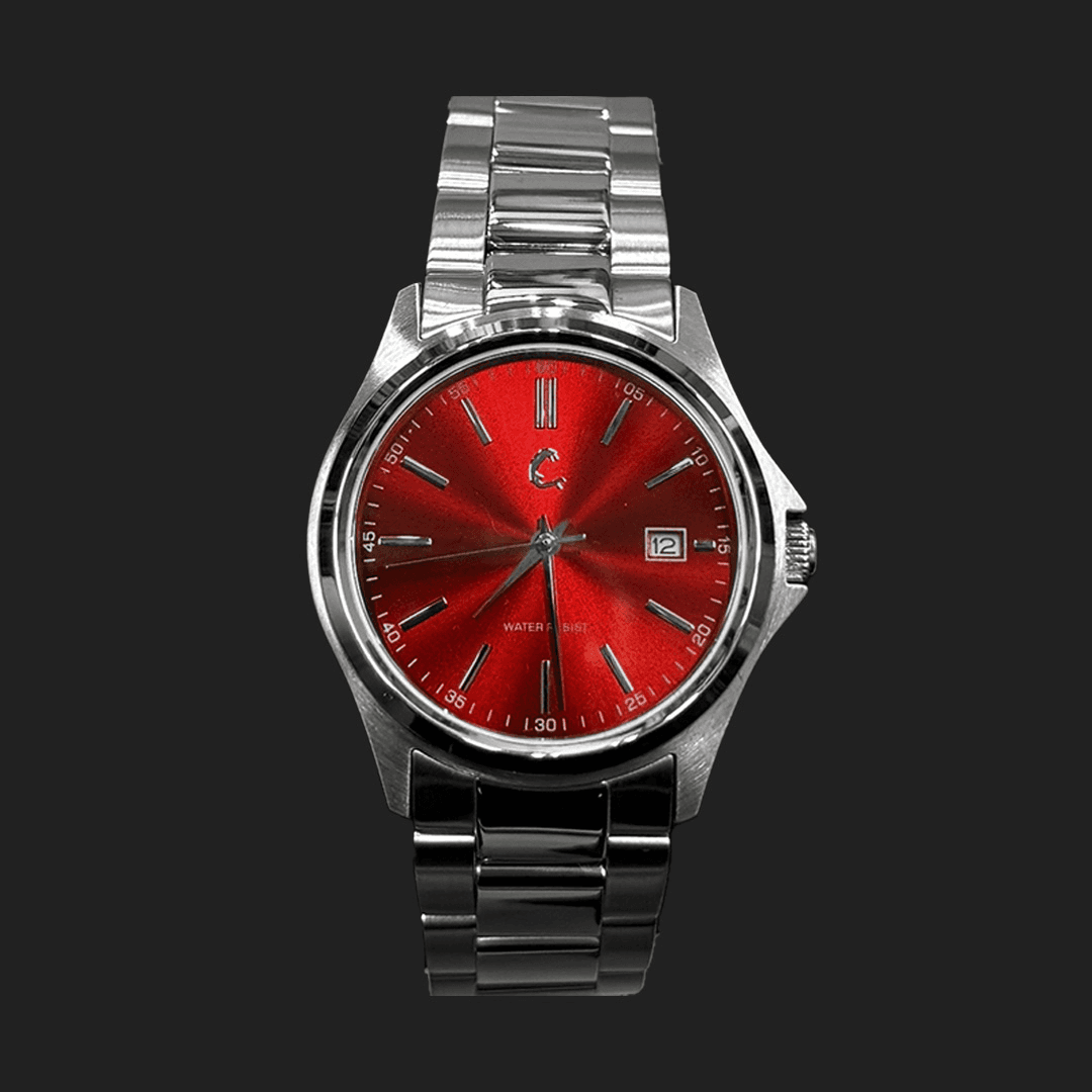RUBY stainless steel watch with red sunburst dial and sapphire glass, showcasing elegant design and 50m water resistance.