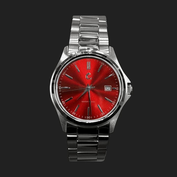 RUBY stainless steel watch with red sunburst dial and sapphire glass, showcasing elegant design and 50m water resistance.