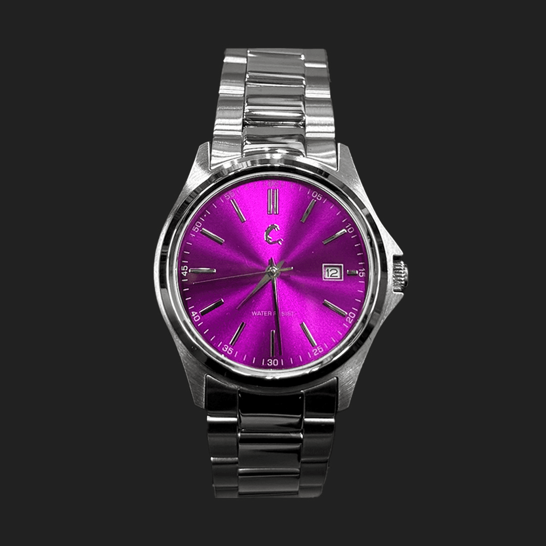 AMETHYST stainless steel watch with a vibrant purple sunburst dial and quartz movement, ideal for stylish everyday wear.