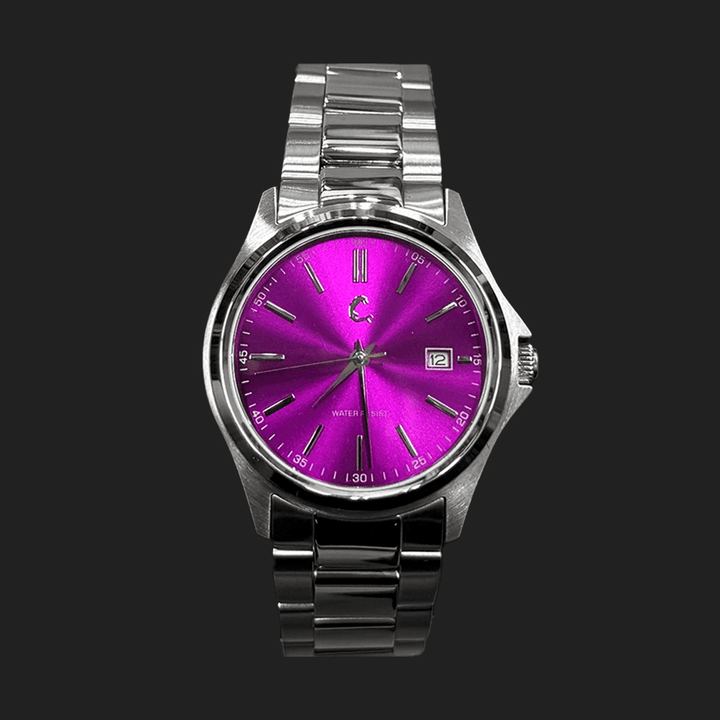 AMETHYST stainless steel watch with a vibrant purple sunburst dial and quartz movement, ideal for stylish everyday wear.