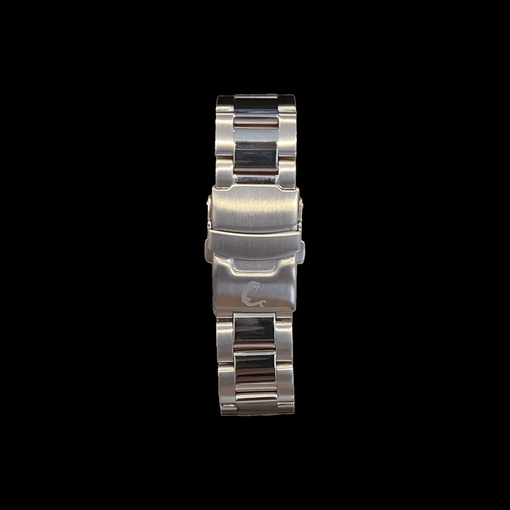 RUBY watch stainless steel bracelet and clasp with engraved logo, emphasizing durability and premium finish.