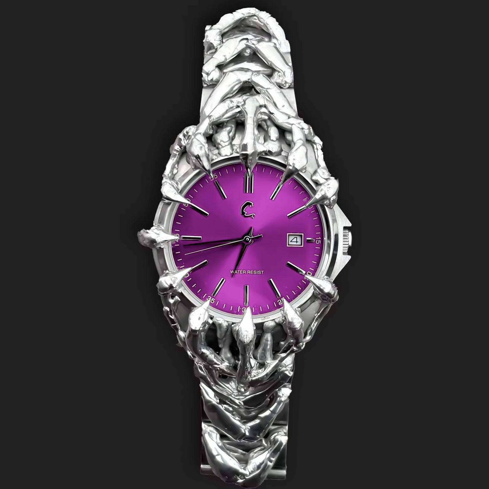 AMETHYST FANG watch with bold chrome skeletal design and vibrant purple sunburst dial, featuring date display and Japan Quartz Movement.