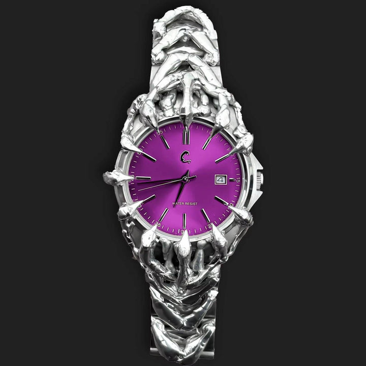 AMETHYST FANG watch with bold chrome skeletal design and vibrant purple sunburst dial, featuring date display and Japan Quartz Movement.