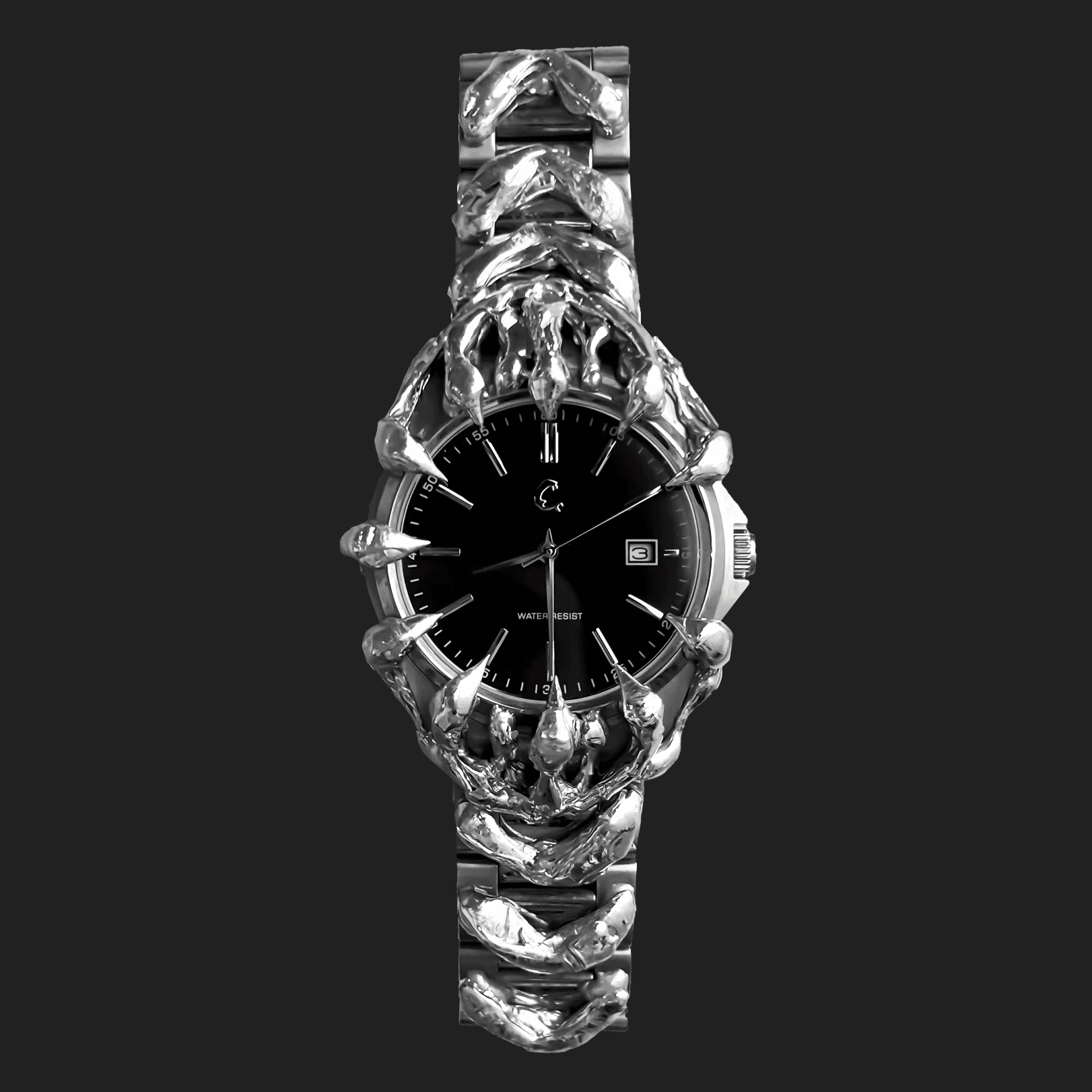 ABYSS - Curated Chrome Watch with bold skeletal chrome design, black sunburst dial, and sapphire glass, featuring Japan Quartz movement.