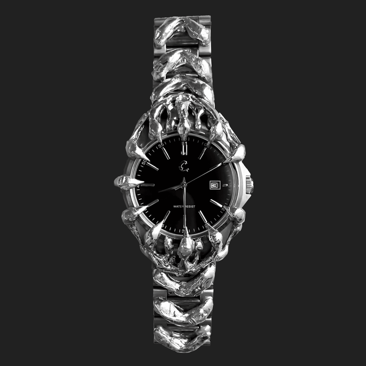 ABYSS - Curated Chrome Watch with bold skeletal chrome design, black sunburst dial, and sapphire glass, featuring Japan Quartz movement.