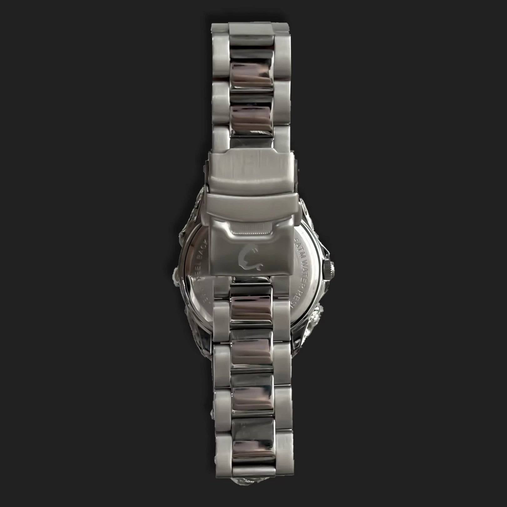 Back view of ABYSS Chrome Watch showcasing polished stainless steel bracelet and secure clasp, part of the bold skeletal design.
