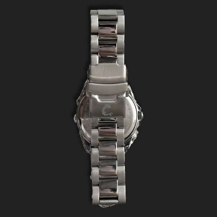 Back view of ABYSS Chrome Watch showcasing polished stainless steel bracelet and secure clasp, part of the bold skeletal design.