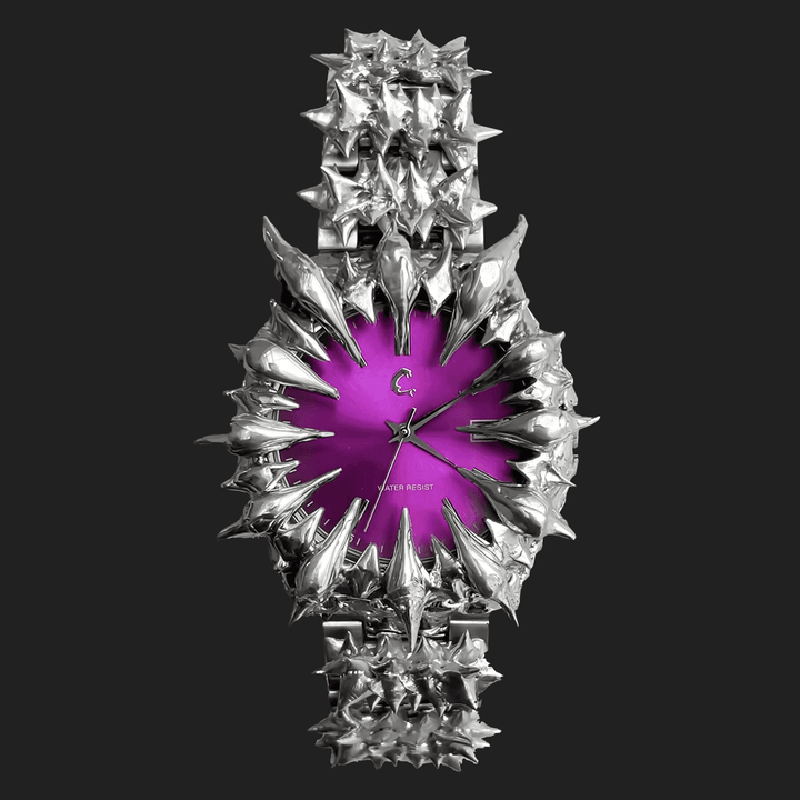 AMETHYST THORN watch with deep purple sunburst dial and silver spiked design, part of Curated Chrome's bold jewelry collection.