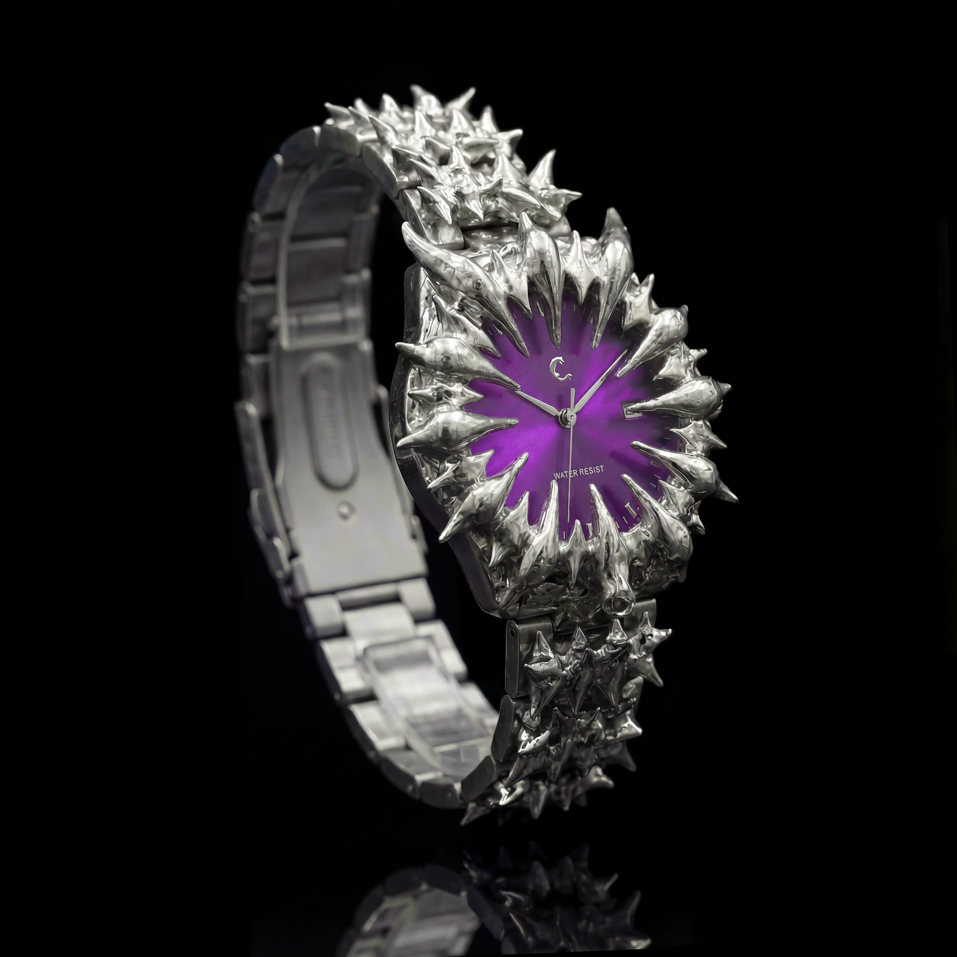 クロムクォーツ原石 Amethyst Thorn - Striking Chrome Watch | Purple Dial, Spiked Design